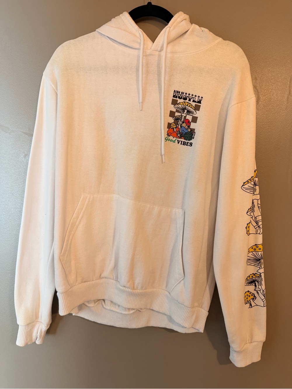 Good Vibes White Pullover Hoodie - Graphic Mushroom Design